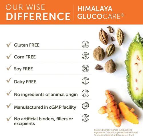 Miniatura 5 de Himalaya GlucoCare - Metabolismo de la glucosa a base de hierbas y apoyo pancreático con melón amargo, gimnasia, trifala y cúrcuma - Soporte natural