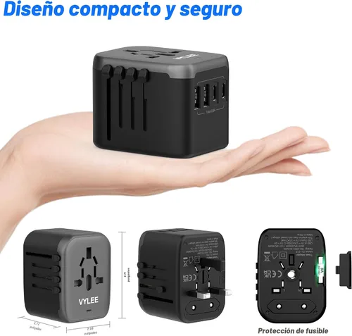 Miniatura 8 de VYLEE - Adaptador de viaje universal, adaptador de corriente internacional 5 en 1, cargador de pared 3.5A 2xUSB-A y 2 USB C, enchufe esencial