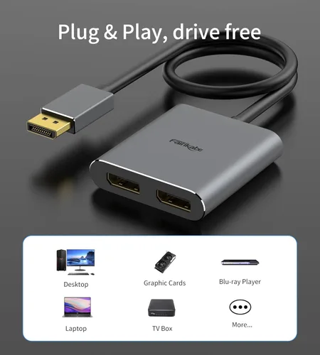 Miniatura 7 de fairikabe Adaptador divisor DisplayPort a Dual DisplayPort 4K60Hz para pantalla de monitor doble, adaptador de puerto de pantalla MST Extend Display