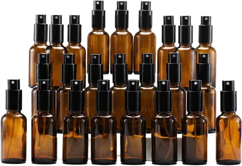 YIZHAO Botellas de vidrio ámbar de 1 oz, con pequeño aerosol de niebla fina, tapa de metal, recargable para aceite esencial, viajes, limpieza,