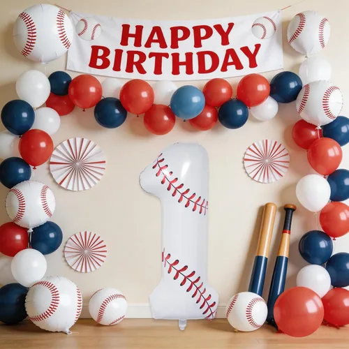 Miniatura 4 de Decoraciones de cumpleaños de béisbol, globo de béisbol número 1 de 40 pulgadas, globos temáticos deportivos para decoración de fiesta de primer