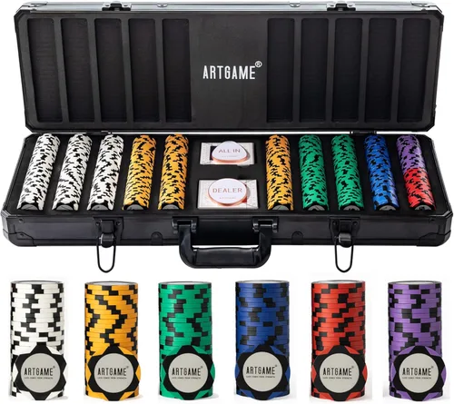 ARTGAME Juego de fichas de póquer de 14 gramos de arcilla para Texas Hold’em, 500 piezas de estilo casino, con estuche de aluminio tipo K y botones