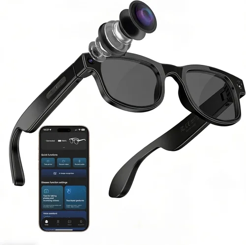CJkao Lentes inteligentes con cámara, gafas de cámara HD, grabación de video, control de asistente de voz, Bluetooth, música, gafas ai para