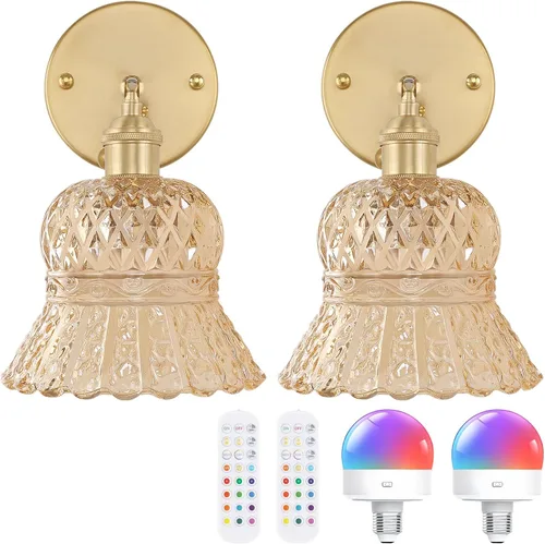 Miniatura 29 de Shenmoyl Juego de 2 apliques de pared vintage con pantalla de vidrio a rayas ámbar, apliques de latón ajustables de 180 grados, con cable de Raya