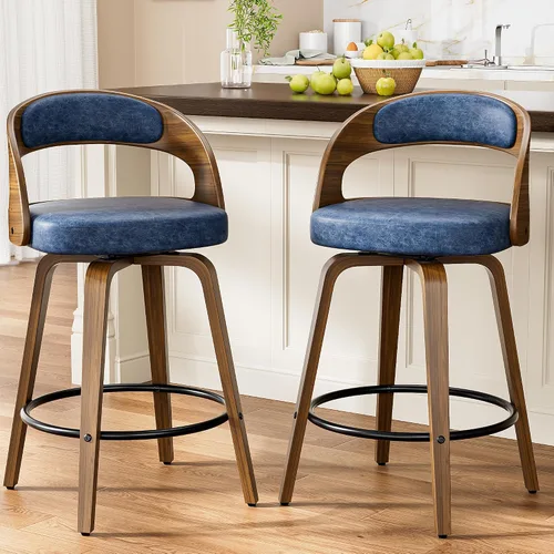 Miniatura 18 de YaFiti Taburetes de bar, taburetes de bar de 26 pulgadas de altura de mostrador con patas de madera curvada, taburetes giratorios con respaldo