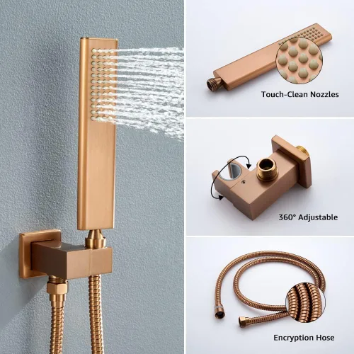 Miniatura 4 de Iriber - Sistema de ducha de lluvia en oro rosa cepillado con cabezal de ducha de 12 pulgadas y juego de ducha de mano montado en la pared del baño
