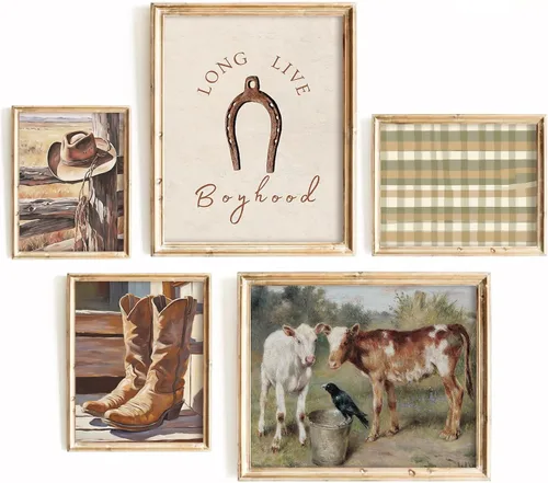 Miniatura 19 de Arte de pared de vaquero, imágenes en lienzo para guardería, decoración de pared de vaca occidental, impresiones de habitación de niños, póster