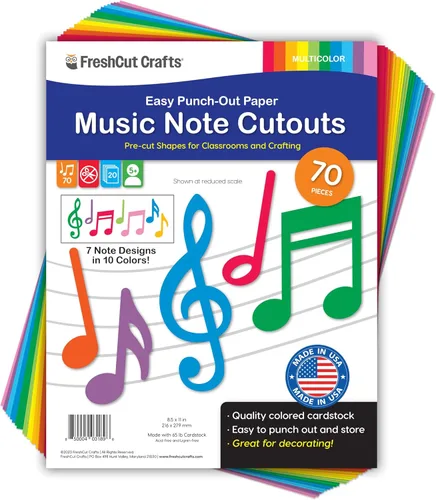 Miniatura 10 de 70 piezas de notas musicales negras recortadas decoraciones de fiesta musical en 7 diseños, cartulina fabricada en Estados Unidos, fácil de perforar