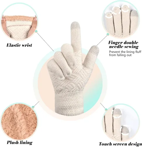 Miniatura 5 de Juego de 3 gorros de punto de invierno para mujer, bufanda y guantes para pantalla táctil con pompón