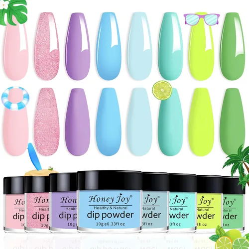 Honey Joy Juego de 8 piezas de polvo de inmersión fino para inmersión en polvo, sistema de color de uñas en polvo, rosa claro de verano, violeta,