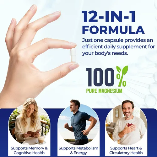 Miniatura 7 de Complejo de magnesio 700mg – Suplemento de magnesio 12-en-1 con glicinato, citrato, malato, óxido, taurato y más – Alta absorción para músculos