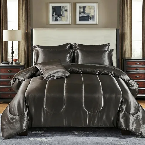 Miniatura 17 de Bedding_Dreamer Juego de edredón sedoso negro de satén en una bolsa, 8 piezas de ropa de cama sedosa de hotel de lujo con 1 edredón, 1 sábana