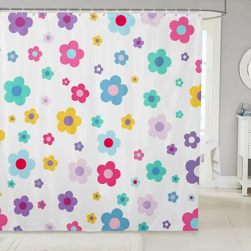 Miniatura 8 de Cortina de baño de flores de margarita para niños y niñas, cortina de ducha floral para decoración de baño, 72 x 72 pulgadas, retro, floral