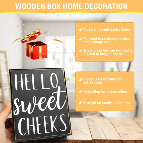 Miniatura 5 de Pigort Letrero Hello Sweet Cheeks - Decoración de Baño Estilo Moderno de Granja Acento para el Hogar - Placa Rústica de Madera Negra para Estante