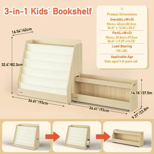 Miniatura 2 de FKWin Estantería infantil 2 en 1 y almacenamiento de juguetes de 5 niveles con carrito rodante, almacenamiento oculto para guardería, sala