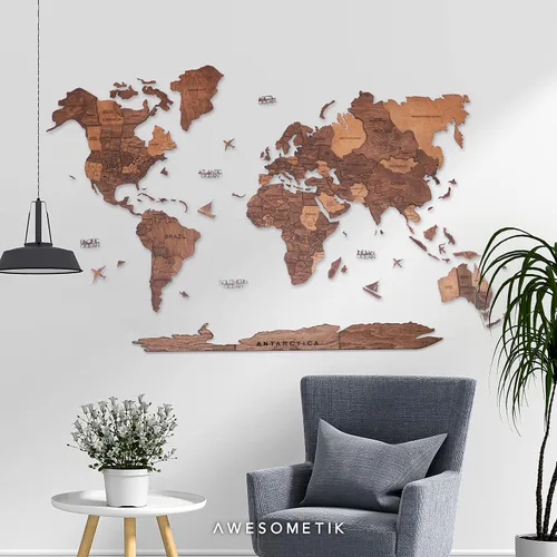 Miniatura 5 de AWESOMETIK Mapa del mundo de madera 3D de roble, mapa del mundo 3D, fácil instalación con cinta de doble cara, incluye complementos, madera