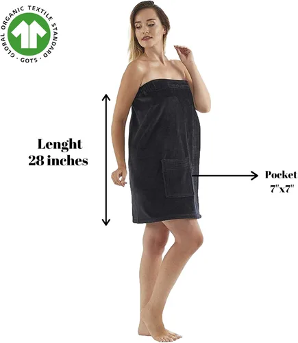 Miniatura 2 de C&B - Toalla envolvente para mujer, 100% algodón turco orgánico, ajustable, para spa, gimnasio, piscina con bolsillo (negro)