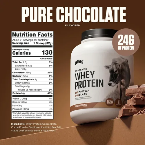 Miniatura 3 de Levels - Polvo de proteína de suero alimentado con pasto, sin artificiales, 24G de proteína, chocolate puro, 5 libras