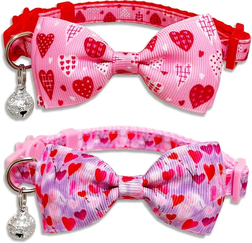 Juego de collar de gato con pajarita de San Valentín con campana, collar de gato con corazón rosa para niños y niñas, gatitos