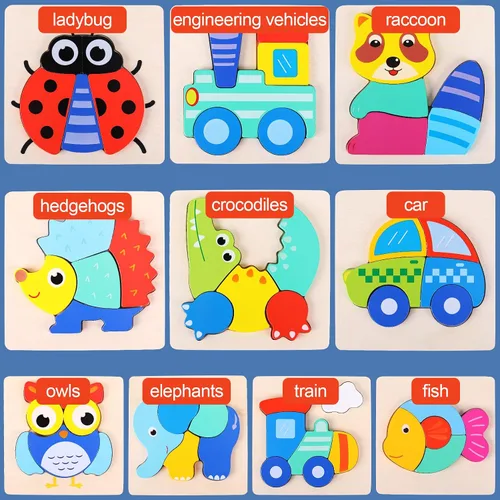 Miniatura 5 de QZMTOY Rompecabezas para niños pequeños, paquete de 10 rompecabezas de madera para niños pequeños, rompecabezas Montessori para niños de 1-3, 2-4