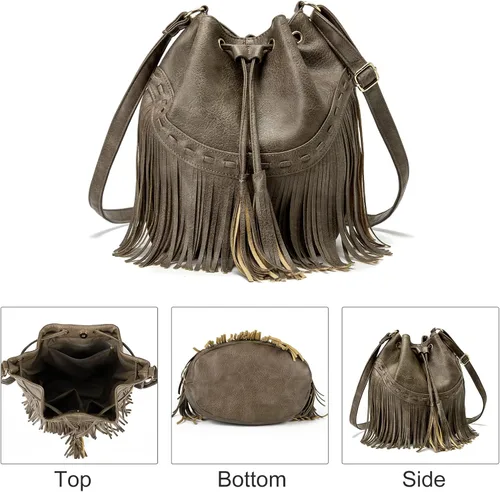 Miniatura 6 de Bolsos de cuero para mujer, bolsos cruzados con flecos con cordón para mujer, borla y bolsos de hombro