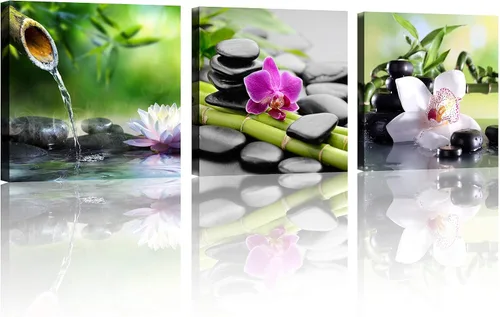 Miniatura 19 de TutuBeer 3 Paneles Arte Zen Decoración Spa Verde Bambú Decoración Rosa Aguas y Frangipani Imágenes Pintura Zen en Lienzo Impresiones Arte Bambú