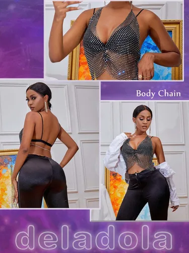 Miniatura 6 de deladola Cadena de cuerpo de malla con diamantes de imitación, bikini de cristal negro brillante, cuello en V, brasier sin mangas, top corto sexy