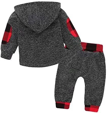 Miniatura 3 de Conjunto de 2 piezas de ropa para bebé y niña, de manga larga, con bolsillo a cuadros, con capucha y pantalones