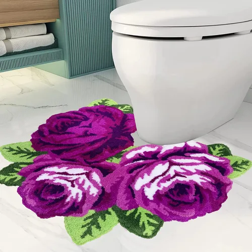 Miniatura 9 de ABREEZE Alfombra floral en forma de U para inodoro, alfombra de baño, antideslizante, tapete de ducha de baño, tapete de baño absorbente de felpa