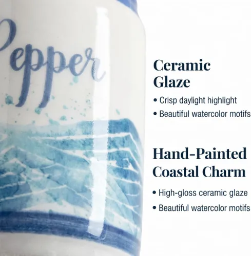 Miniatura 5 de Beachy Blue Fish & Ocean Waves - Salero y pimentero de cerámica Decoración funcional pintada a mano en azul y blanco costero para cocina y comedor