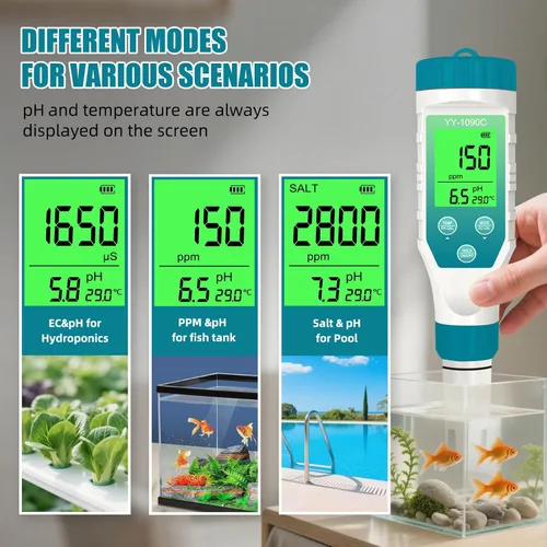 Miniatura 4 de Medidor de pH para hidropónica y probador de sal para spa – Medidor 5 en 1 de pH, salinidad, TDS, EC y temperatura con calibración de 12.88 mS/cm
