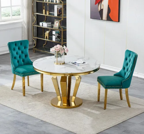 Miniatura 12 de Henf Juego de mesa de comedor redonda de mármol para 6, moderna mesa de comedor de 45 pulgadas con base de acero inoxidable con diseño de diamante