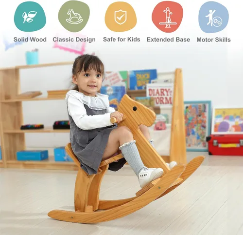 Miniatura 8 de Caballo mecedor de madera para bebé, juguete para niños pequeños, diseño clásico con pedal y respaldo seguro para niños pequeños (azul)