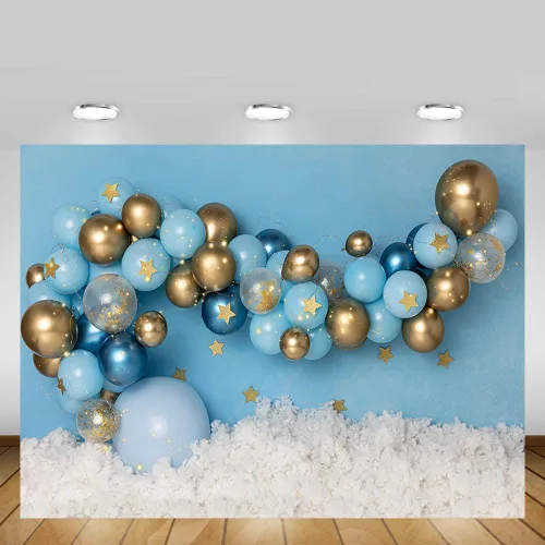 Miniatura 4 de MEHOFOND Fondo de fotografía de cumpleaños de niño de 7 x 5 pies para decoración de retratos, globos azules y dorados, globos azules y dorados