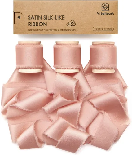 Vitalizart Cinta de Satén de Seda Rosa de 1 Pulgada x 15 Yardas Carrete de Madera Cinta Deshilachada Hecha a Mano para Envolver Regalos Baby Shower