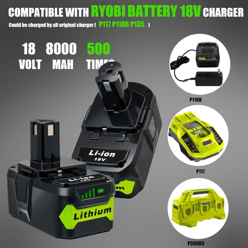 Miniatura 4 de Paquete de 2 baterías de repuesto de 8.0Ah para Ryobi 18 V batería de litio compatible con herramientas inalámbricas Ryobi 18 Volt ONE+ Plus P107
