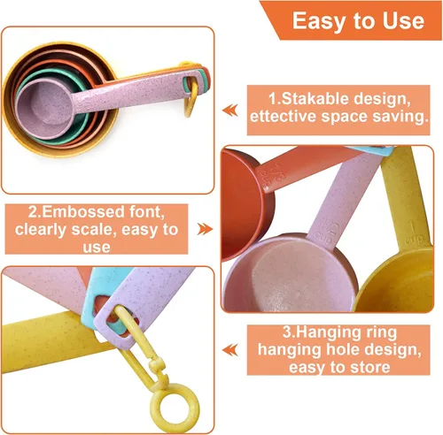 Miniatura 5 de Juego de tazas y cucharas medidoras de plástico, 10 piezas de herramientas de medición de cocina coloridas, grabadas métricas de EE. UU., taza