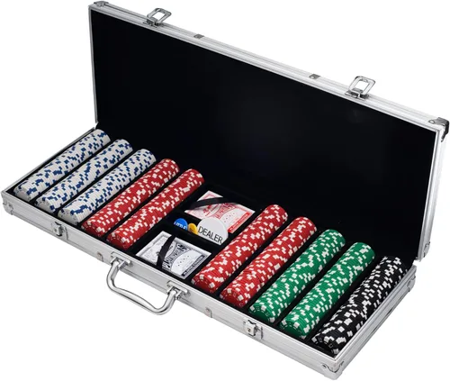 Juego de fichas de póquer para Texas Holdem, Blackjack, juego con estuche de transporte, tarjetas, botones y 500 fichas de casino estilo dados (0.41
