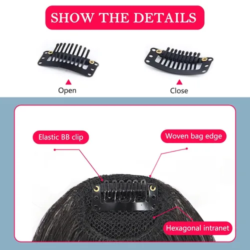 Miniatura 8 de 2 piezas de flequillo con clip de cabello humano real, flequillo falso con clip para el cabello para mujeres, flequillo tenue curvado con postizos