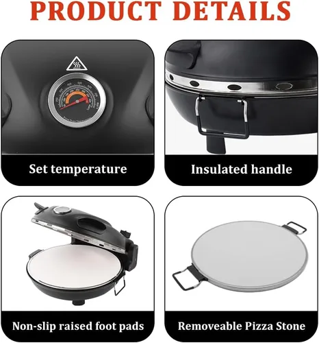Miniatura 6 de Horno eléctrico de pizza de 12 pulgadas para interiores, portátil, máquina de pizza horneada con piedra calienta hasta 800˚F, control de temperatura