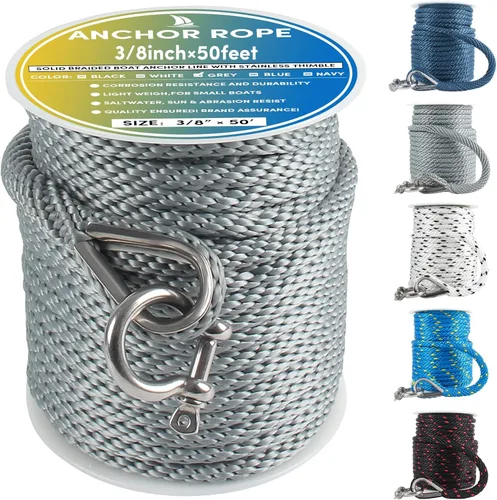 Miniatura 52 de Cuerda de anclaje premium de 100 pies x 3/8 pulgadas, cuerda marina de línea de anclaje MFP trenzada sólida con dedal y grillete, color negro