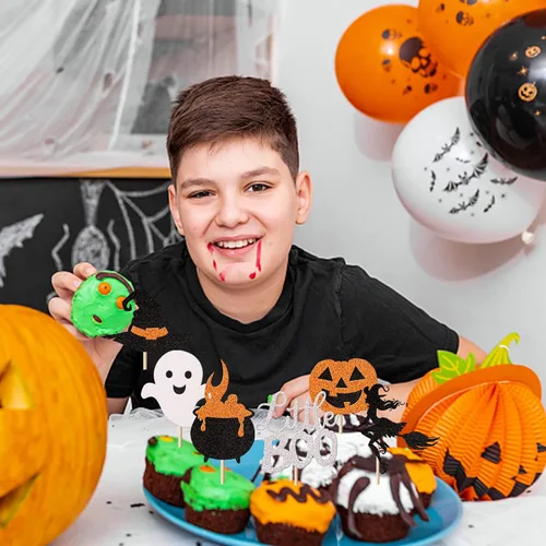 Miniatura 6 de Rsstarxi Paquete de 36 adornos para cupcakes de Halloween, murciélagos con purpurina, palitos de calabaza y calabazas, sombrero de bruja