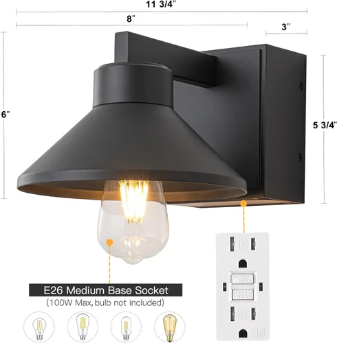 Miniatura 5 de Aplique de pared al aire libre con salida GFCI negro impermeable antioxidante aluminio exterior iluminación de granero montaje en pared delantera