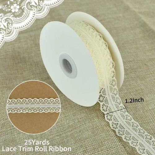 Miniatura 2 de Cinta de encaje blanco crema de 1.2 pulgadas de ancho, patrón vintage, rollo de 25 yardas para envolver regalos, día de San Valentín, floral