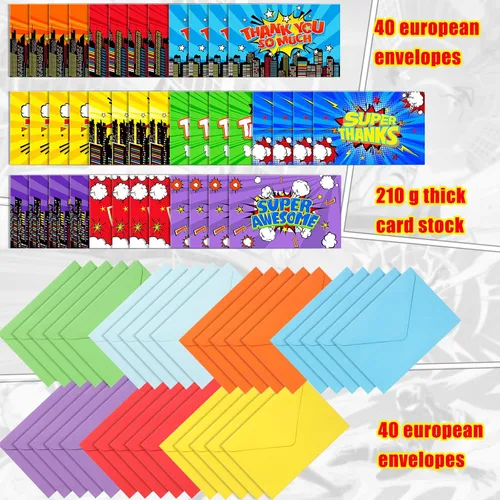 Miniatura 3 de Cholemy 40 tarjetas de agradecimiento de héroe surtido con sobres, tarjetas plegadas de agradecimiento coloridas cómicas para niños, aulas, escuela