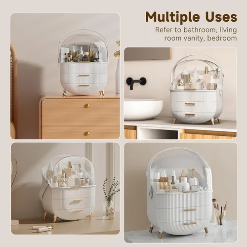 Miniatura 6 de BTGGG Organizador de maquillaje, organizador de maquillaje para tocador, almacenamiento de cosméticos de encimera con cajones y cubierta Blanco