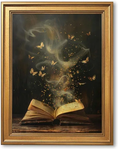 Arte de pared con diseño de mariposas y libro mágico enmarcado en oro, póster vintage victoriano con texto en inglés "Dark Academia" Fantasía y