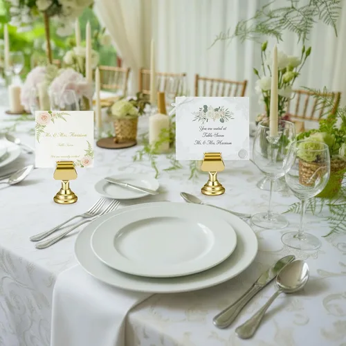 Miniatura 5 de Kathfly 24 soportes para números de mesa de boda de 1.7 pulgadas, mini soportes de metal dorado para tarjetas de lugar a granel, soportes