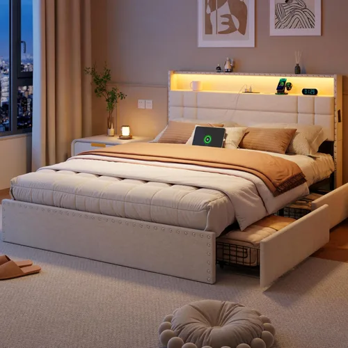 Forestell Base de cama Queen con 4 cajones y cabecera de almacenamiento, base de cama tapizada tamaño Queen con luces LED y estación de carga, Beige