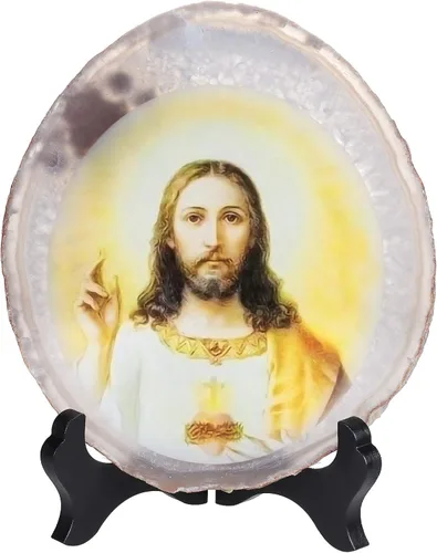 Rockcloud Exhibición de losa de ágata de Jesús con soporte de madera, forma irregular, ágata, rebanada de piedra, adorno de escritorio de oficina en